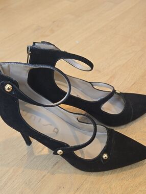 Unisa Black Suede Strappy Pointed Toe Heels with Gold Buttons